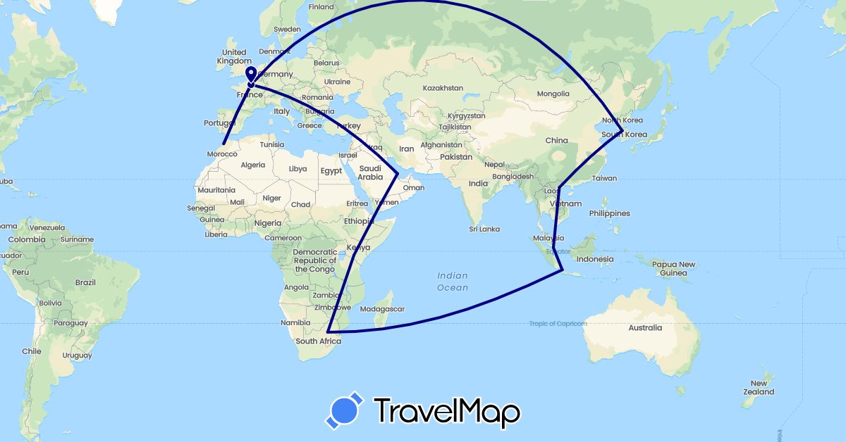 TravelMap itinerary: driving in France, Indonesia, Kenya, South Korea, Morocco, Qatar, Singapore, Vietnam, South Africa (Africa, Asia, Europe)